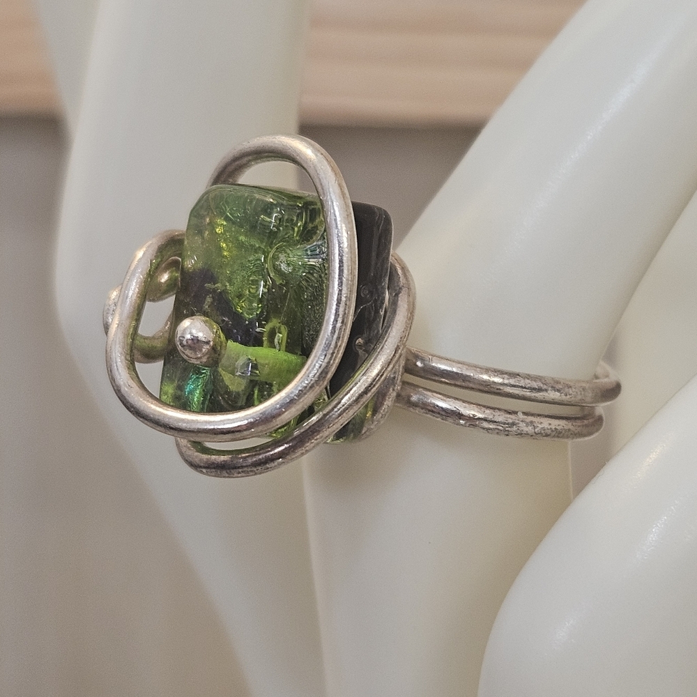 Green Glass Sterling Silver Wrapped Ring Size 5 925 US Hand Made